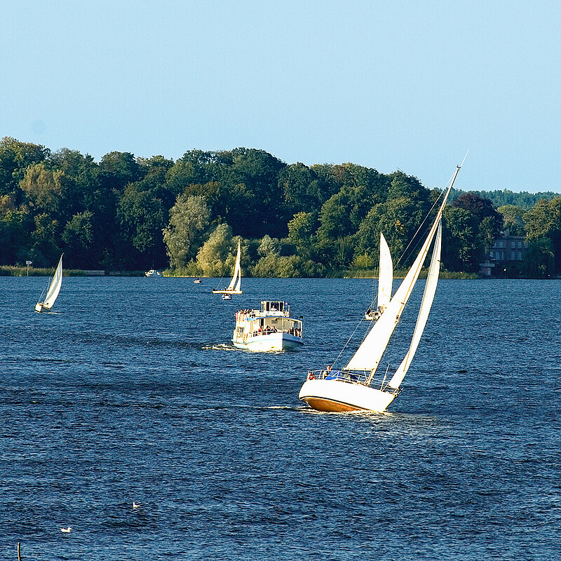 Pleasure boats and sailboats on the Wannsee, in the Berlin borough of Steglitz-Zehlendorf.