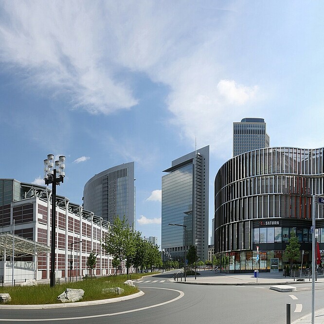 skyscraper and exhibition buildings at Messe Frankfurt